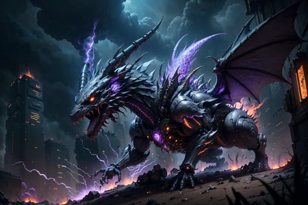 (robotic black and red dragon),(masterpiece, Extremely detailed, 8k, photorealistic,UHD,best quality, highres:1.3),robort,(photorealistic:1.2)(dept of field:1.2),dof, absurdres, (realistic:1.5),fine detail, HDR,  perfect illumination, distinct, , (open mouth),(cybernetic body),(fangs:1.2),(post-apocalyptic lanscape:1.2), wings, (claws),cyberpunk,electronic part,(breathing purple_fire:1.3),detailed eyes,
film grainy, insane details, intricate details, hyperdetailed, unreal engine, trend on artstation,highly detailed,science-fiction,futurist,
(mechanical),
<lora:Dragons v1:0.3>,<lora:FINAL  Robort:0.2>