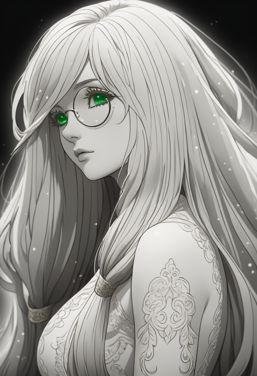 angelbaret, 1girl, long hair, solo, green eyes, monocle, breasts, very long hair, medium breasts, looking at viewer, hair tubes, white hair, porcelain skin, profile, whitescale skin, yellow tattos, no nipples, whitescale eyelashes, eyelashes