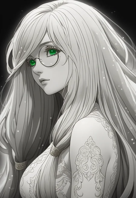 angelbaret, 1girl, long hair, solo, green eyes, monocle, breasts, very long hair, medium breasts, looking at viewer, hair tubes, white hair, porcelain skin, profile, whitescale skin, yellow tattos, no nipples, whitescale eyelashes, eyelashes