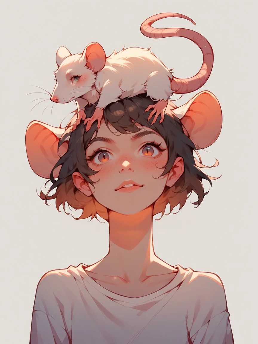 score_9, score_8_up, score_7_up, score_6_up, <lora:p3tl0v3XLP:1> p3tl0v3, 1girl, rat on head