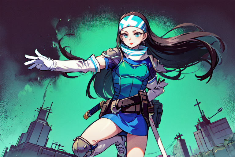 highly insanely detailed, masterpiece, top quality, best quality, highres, 4k, 8k, RAW photo, (very aesthetic, beautiful and aesthetic),  
beth_\(megami_tensei\),bethsmtii,shin megami tensei ii,long hair,black hair,straight hair,sleek black,jewelry,cross,headband,red_lipstick,belt,belt pouch,white footwear,white gloves,holy_knight,holy_knight_armor,breastplate,katana,sword,Tokyo_Millennium,post-apocalyptic_city,dystopian_world,Great_Cataclysm,World_ending_event,apocalyptic_disaster,city_rebirt, 
<lora:zs_Beth:1>, 
(1girl:1.3), 1other, 
neon red background,neon green background,neon cyan background,(color fusion background),âââ