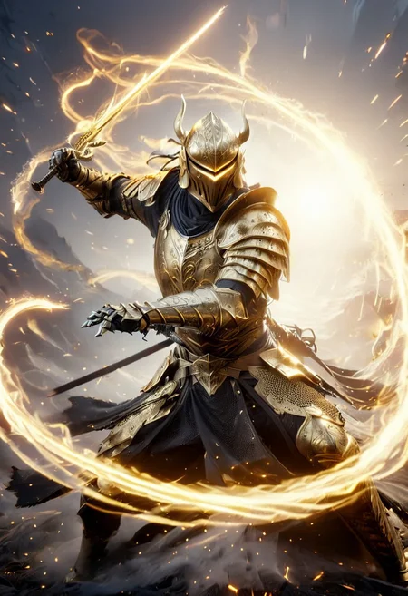 1man, armored samurai in golden samurai armor, wearing samurai helmet and armor, golden fire, wielding dual swords:1.2, brave perspective, reflection, glowing golden fire, golden lightning shatter, , Curved Sword Slashglowing sword, motion blur, emphasis line, outdoor in the darkness, looking at viewer, katanas