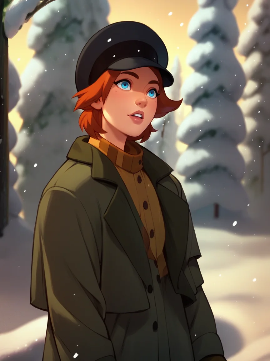 score_9, score_8_up, score_7_up, score_6_up, score_5_up, <lora:AnastasiaXLP:1> anastasia, 1girl, orange hair, solo, blue eyes, short hair, hat, jacket, snow, portrait,