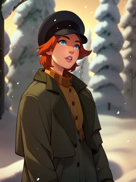 score_9, score_8_up, score_7_up, score_6_up, score_5_up, <lora:AnastasiaXLP:1> anastasia, 1girl, orange hair, solo, blue eyes, short hair, hat, jacket, snow, portrait,
