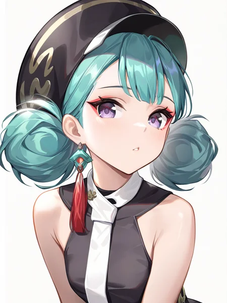 ,1girl,black pantyhose,black shirt,double bun,hair bun,looking at viewer,lvxue,necktie,sleeveless shirt,solo,white background,simple background,purple eyes,<lora:lvxue-000014:1>, masterpiece, best quality, very aesthetic, absurdres