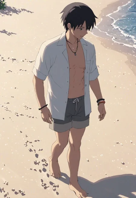 Highres, Masterpiece, High Quality, 4K, 8K, solo, 1Boy, Takaki Toono, adult, black hair, short hair, beach, calm, white sand, small coral, pebbles, clear sky, quiet, peaceful, walking, candid, breeze, footprints, happy, open shirt, shorts, sixpack, necklace, bracelet, easynegative, detailed_eye_model