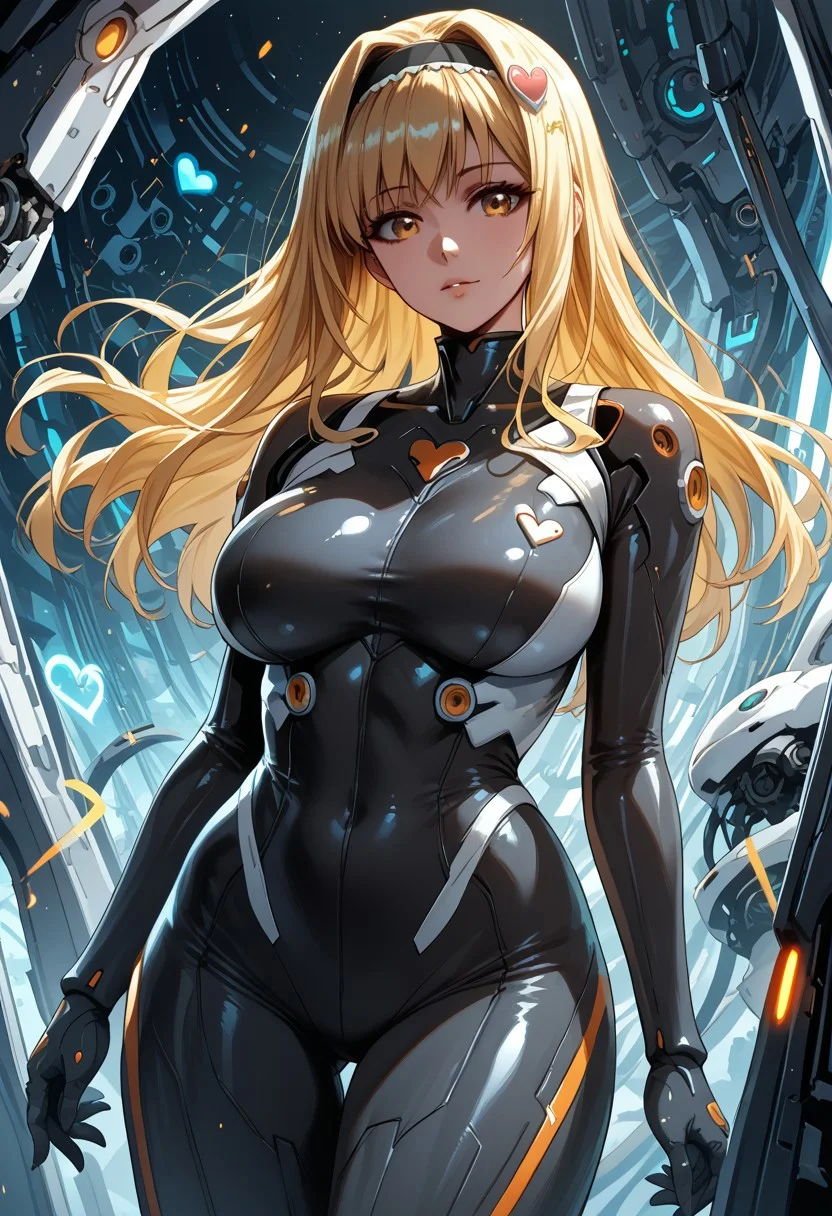 Score_9, score_8_up, score_7_up, score_6_up BREAK UtaMisa, 1girl, blonde hair, heart hair ornament, hairband, large breasts, bodysuit, looking at viewer, mechanical background, futuristic, sci-fi, shiny, glossy, highly detailed, beautiful art, beautiful background, beautiful lighting