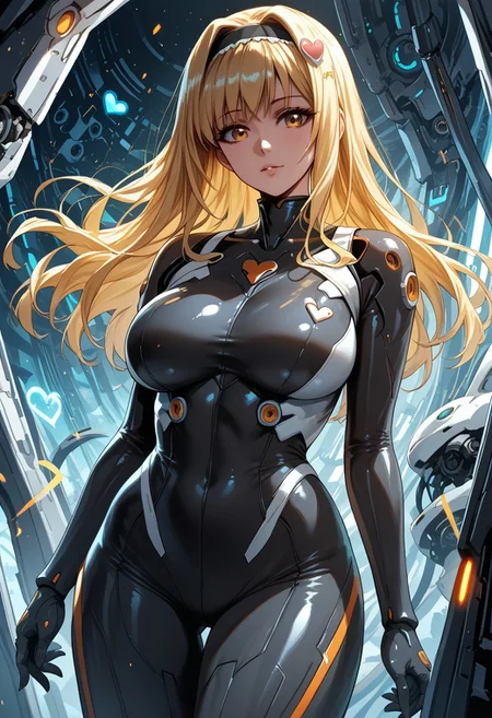 Score_9, score_8_up, score_7_up, score_6_up BREAK UtaMisa, 1girl, blonde hair, heart hair ornament, hairband, large breasts, bodysuit, looking at viewer, mechanical background, futuristic, sci-fi, shiny, glossy, highly detailed, beautiful art, beautiful background, beautiful lighting