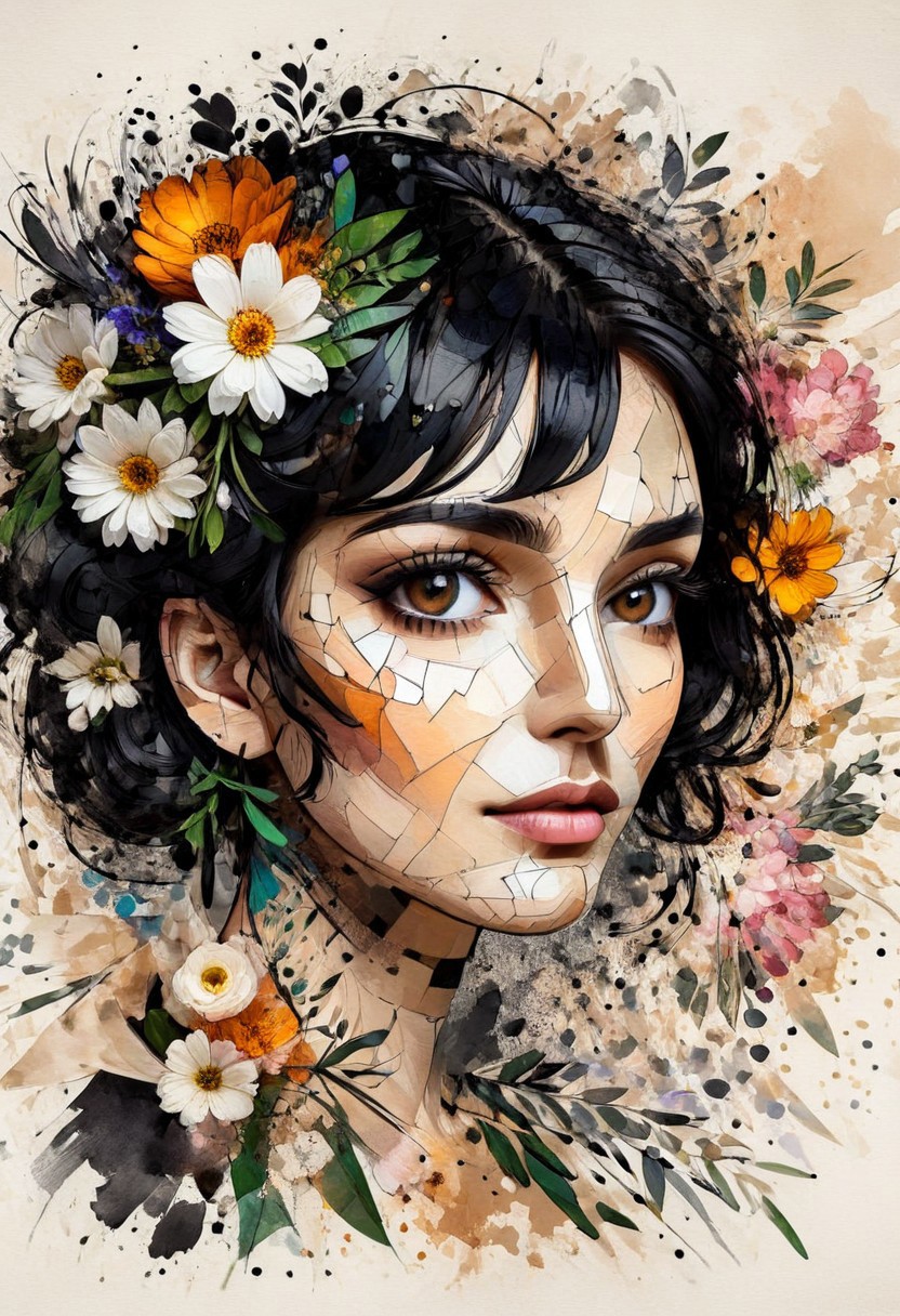 InkMosaic, a portrait of a woman with flowers in her black hair, brown eyes