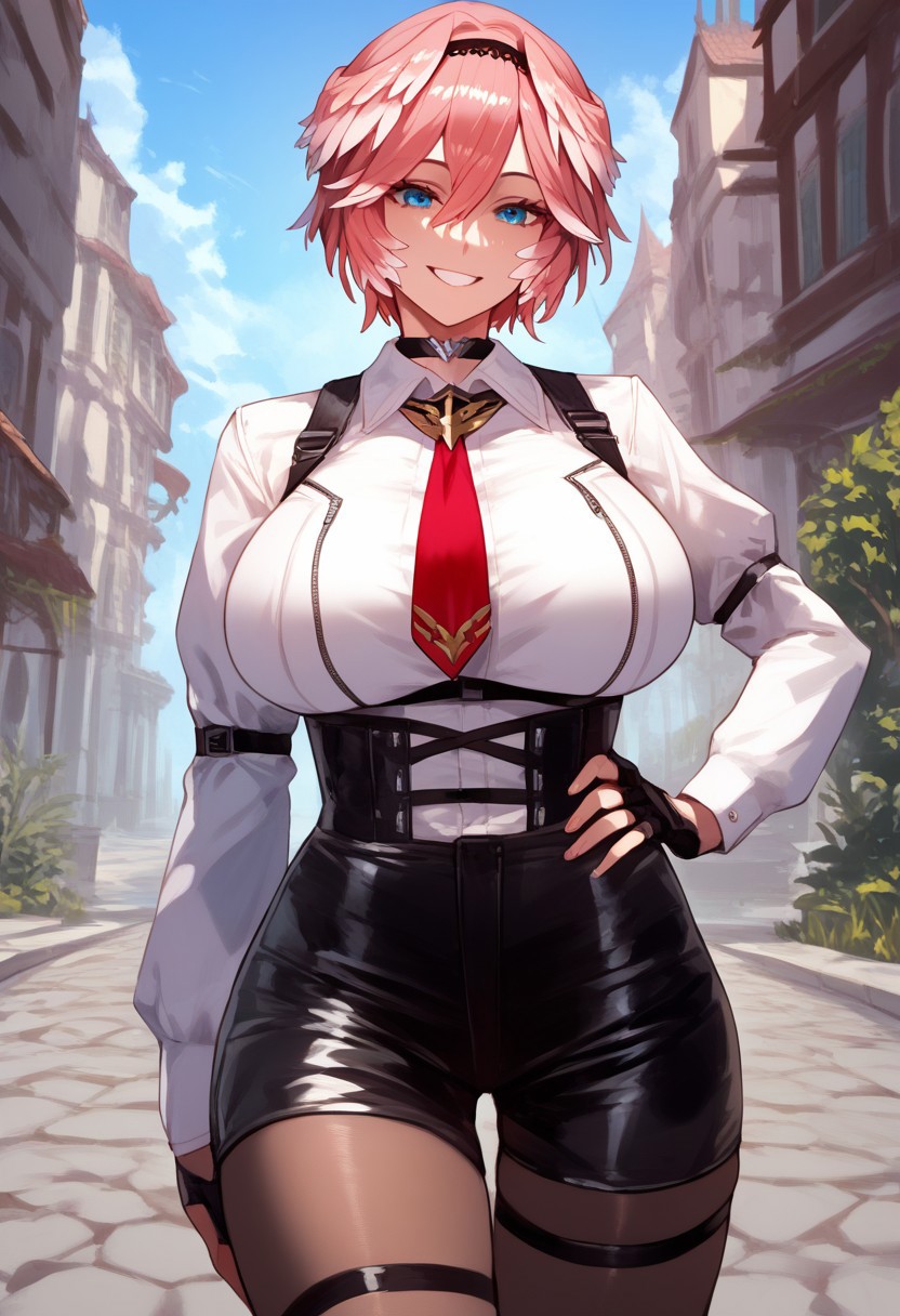 (score_9, score_8_up, score_7_up, high quality, best quality, ultra-detailed, very aesthetic, illustration, perfect composition, intricate details, absurdres, high res image, masterpiece, vibrant colors, beautiful face, detailed face, 1girl, solo focus, perfect eyes, detailed eyeshand, perfect hands), female, pink hair, short hair, parted hair, double-parted bangs, hair between eyes, black hairband, blue eyes, pale skin, thick thighs, perfect body, voluptuous, huge breasts, curvy body, narrow-waisted, wide hips, (luiFirst, hair wings, black choker, white shirt, chest harness, breast zipper, red necktie, white ascot, long sleeves, white shirt, black gloves, partially fingerless gloves, thigh strap, high-waist shorts, leather shorts, black shorts, pantyhose), (hand on hip, small smile, cowboy shot), (fantasy, outdoors, town, park)