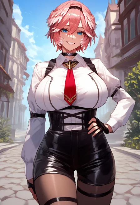 (score_9, score_8_up, score_7_up, high quality, best quality, ultra-detailed, very aesthetic, illustration, perfect composition, intricate details, absurdres, high res image, masterpiece, vibrant colors, beautiful face, detailed face, 1girl, solo focus, perfect eyes, detailed eyeshand, perfect hands), female, pink hair, short hair, parted hair, double-parted bangs, hair between eyes, black hairband, blue eyes, pale skin, thick thighs, perfect body, voluptuous, huge breasts, curvy body, narrow-waisted, wide hips, (luiFirst, hair wings, black choker, white shirt, chest harness, breast zipper, red necktie, white ascot, long sleeves, white shirt, black gloves, partially fingerless gloves, thigh strap, high-waist shorts, leather shorts, black shorts, pantyhose), (hand on hip, small smile, cowboy shot), (fantasy, outdoors, town, park)