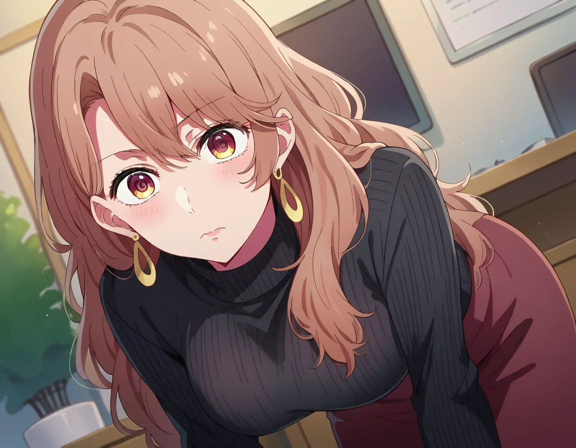 score_9, score_8_up, score_7_up, source_anime,
miyakosaitou, <lora:miyako-saitou-s1-ponyxl-lora-nochekaiser:1>,
miyako saitou, long hair, brown hair, brown eyes,
jewelry, earrings, sweater, turtleneck, hoop earrings, black sweater,
indoors, office, bent over,
looking at viewer, dutch angle, cowboy shot,