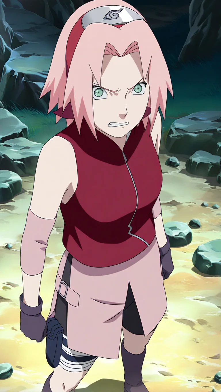 source_anime, masterpiece, best quality, amazing quality, anime screencap, high quality, 8k, absurdres, official style, 1girl, solo, looking at viewer, angry, clenched teeth, standing, <lora:Sakura_Pre_iL:1>, 54kur4 h4run0, pink hair, green eyes, short hair, shinobi outfit, gloves, shorts, grey boots, boots, heels, heeled boots, bike shorts, toeless footwear, jacket, sleeveless, black shorts, bare shoulders, skirt, pink skirt,