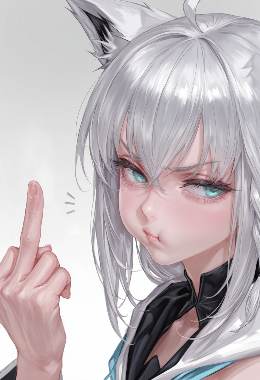 bm94199, 

1girl, shirakami fubuki, portrait, solo, 

looking to the side, pout, annoyed, 

hand up, reaching out, middle finger, 

masterpiece, best quality, amazing quality, 