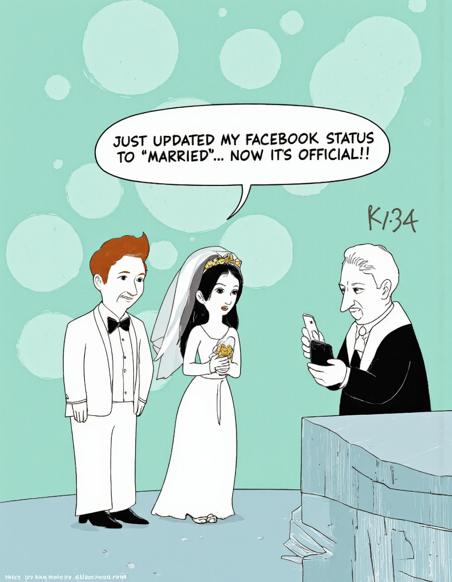 <lora:{cartoonvibes, }cartoonvibes-000019:0.85> cartoonvibes, A humorous, hand-drawn cartoon image of a modern wedding, set against a light teal background, featuring a bride and groom standing at the altar, both distracted by their cell phones. The bride wears a simple white wedding dress with a veil, while the groom is dressed in a classic tuxedo. A slightly exasperated-looking priest, clad in a robe, stands before them, a hint of frustration on his face. The couple's facial expressions are comical, with the bride and groom looking delighted by their phones, while the priest appears annoyed. The scene is rendered in a simple, outline-based style, with light colors and minimal details, emphasizing the comedic aspect of the situation. A text bubble emanates from the groom, containing the message "Just updated my Facebook status to 'married'... now it's official!" in a playful, handwritten font. The overall mood is lighthearted and amusing, capturing the absurdity of a couple prioritizing their social media over their wedding vows. The image features a shallow depth of field, with the focus on the trio at the altar, while the background remains softly blurred, maintaining the cartoonish, humorous atmosphere. The shot is a wide-angle view, allowing the viewer to take in the entirety of the scene, with its simple, yet effective composition, and lack of excessive detail, adding to the comedic charm of the image. . 35mm photograph, film, bokeh, professional, 4k, highly detailed