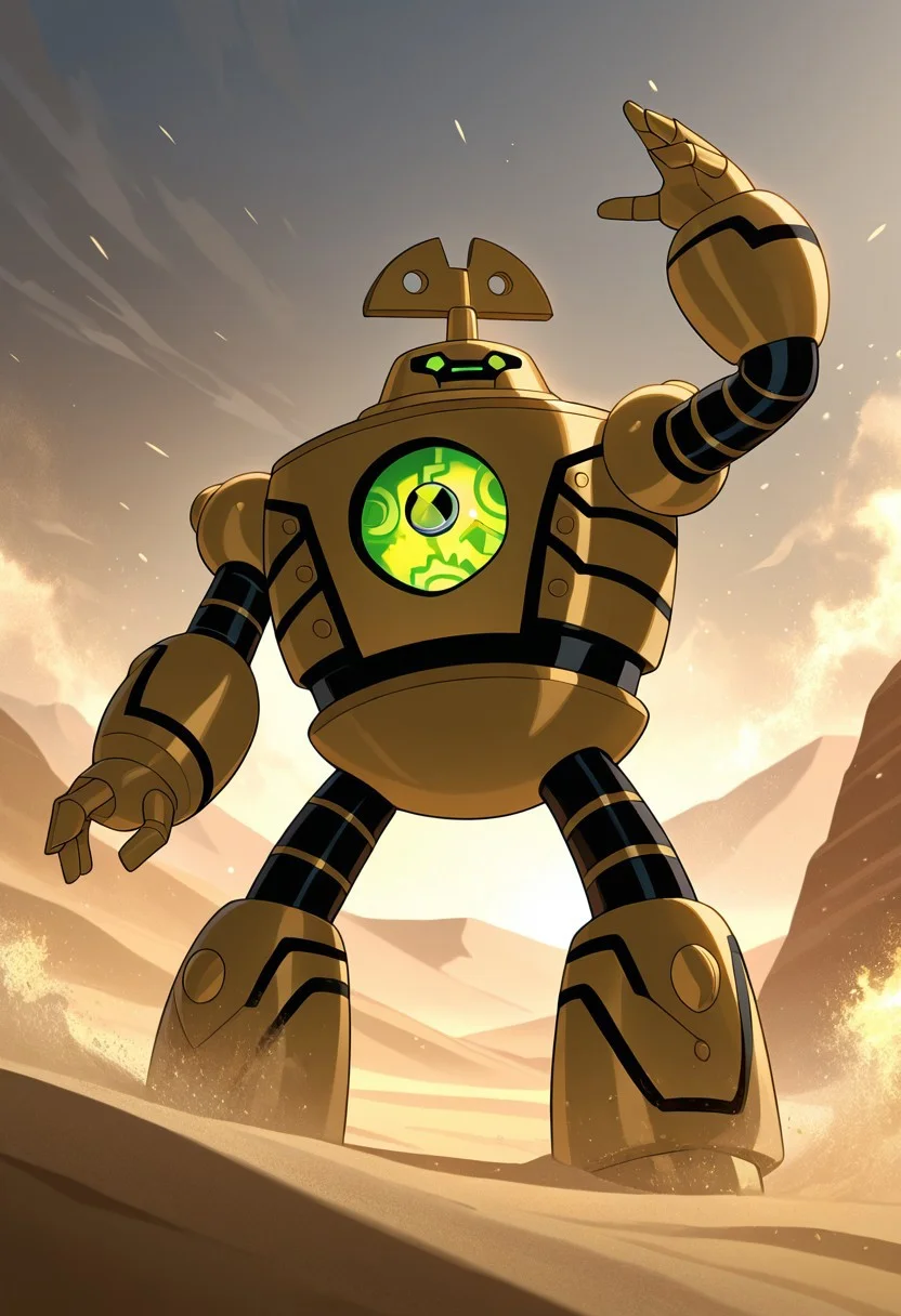 masterpiece, best quality, amazing quality, very aesthetic, absurdres, newest,
clockwork, robot, solo, no humans, green eyes,
power pose, one arm raised to side, bent arm, sand storm, desert, golden sand, glowing dust, gold dust,