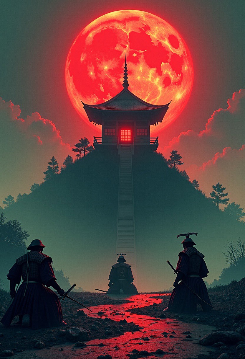 A haunting and eerie illustration of a cursed shrine perched atop a desolate hill, bathed in ominous red and green curse energy that swirls through the air. Kneeling at the base of the hill are defeated samurai warriors, frozen in place, their weapons scattered around them. They are powerless, gazing toward the shrine in terror. Above, a glowing cursed red moon looms directly over the shrine, casting an unsettling light across the scene. The atmosphere is thick with suspense, filled with the foreboding presence of dark magic and ancient, malevolent forces.