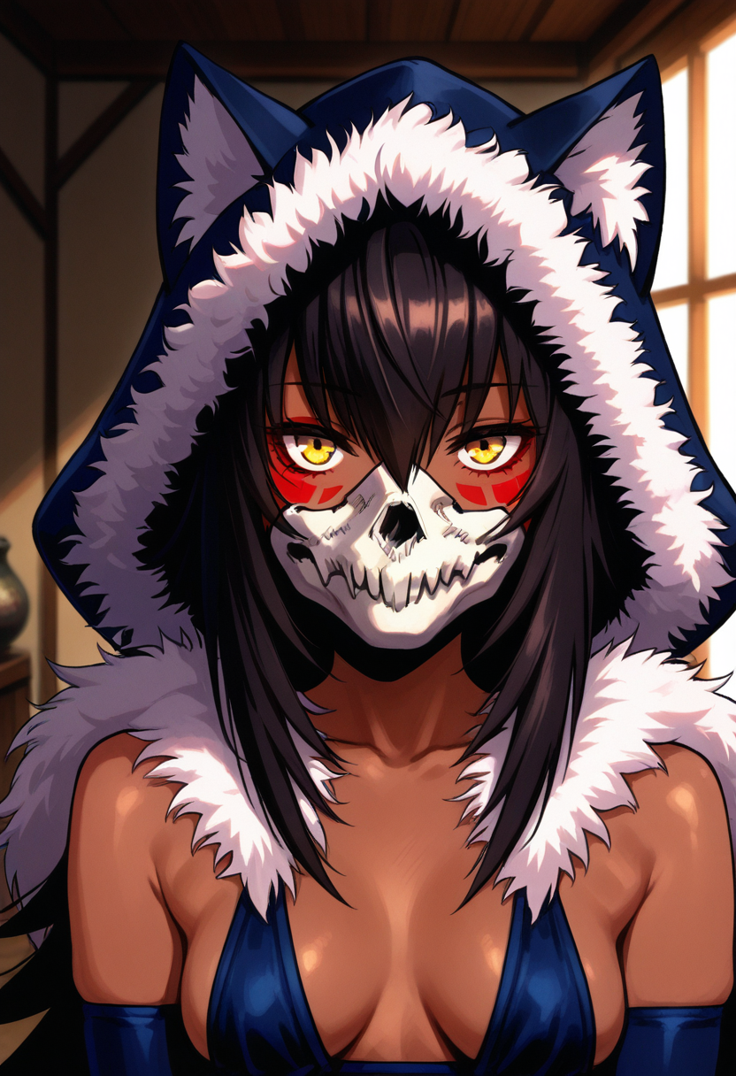masterpiece, best quality, amazing quality, 1girl, solo, (portrait:1.2), hatiww, dark skin, dark-skinned female, yellow eyes, black hair, long hair, hair between eyes, ahoge, facepaint, facial mark, tribal, revealing clothes, rags, fur-trimmed gloves, animal hood, hood up, fur trim, skull mask, looking at viewer, straight-on, expressionless, indoors, day, skindentation, detailed clothing folds, depth of field, sharp, high contrast, dynamic light <lora:Hati_Mori_o_Mamoru_Ookami_Shoujo_ga_ill_v12:0.9>