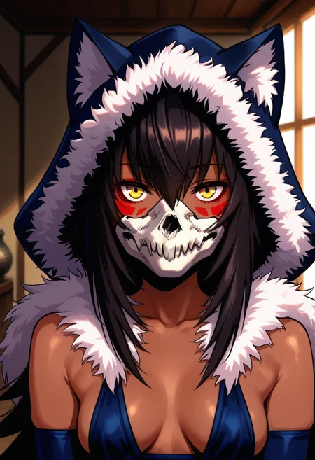 masterpiece, best quality, amazing quality, 1girl, solo, (portrait:1.2), hatiww, dark skin, dark-skinned female, yellow eyes, black hair, long hair, hair between eyes, ahoge, facepaint, facial mark, tribal, revealing clothes, rags, fur-trimmed gloves, animal hood, hood up, fur trim, skull mask, looking at viewer, straight-on, expressionless, indoors, day, skindentation, detailed clothing folds, depth of field, sharp, high contrast, dynamic light <lora:Hati_Mori_o_Mamoru_Ookami_Shoujo_ga_ill_v12:0.9>