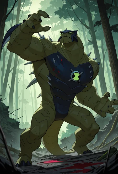 <lora:ulthum-09:1> ulthum, spikes, solo, no humans, green eyes, green skin,,  dynamic pose, cinematic, movie scene, arm blade, destroyed forest, deforestation, bleeding, looking up,, masterpiece, best quality, amazing quality, very aesthetic, absurdres, newest,