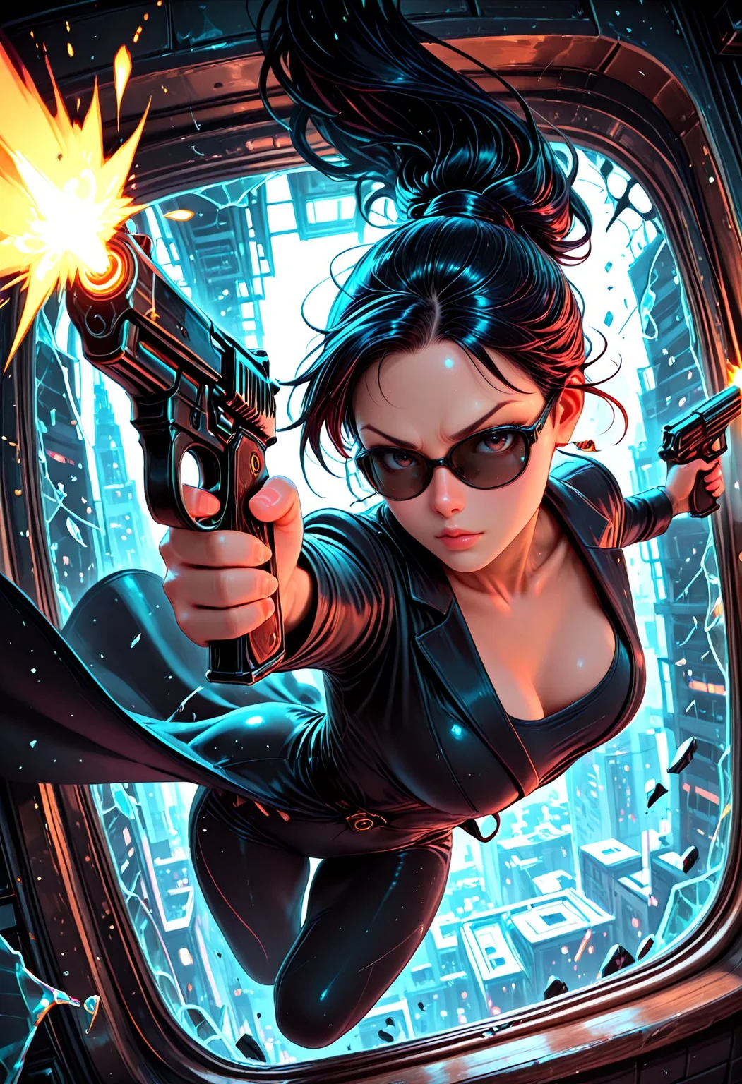 Smooth Quality, pinkneoncybercore, (chromatic aberration:1.2), (impressionism:1.1), dynamic composition, high contrast, 1girl, suit, black sunglasses, long coat, breasts, solo, dual wielding, guns, firing, aiming at viewer, midair, gymnastics, dynamic pose, face focus, looking at viewer, v-shaped eyebrows, fighting stance, motion lines, (soft lighting:1.1), falling, indoors, glass, broken glass, floating glass shards,jumping through window, dramatric entry, cinematic angle, dynamic angle, <lora:PinkieNeonCybercoreIL:0.5> <lora:Smooth_Booster:0.5> <lora:Smooth_Lighting_Enhancer:0.2> <lora:All_Disney_Princess_-_Illustrious:0.2>
