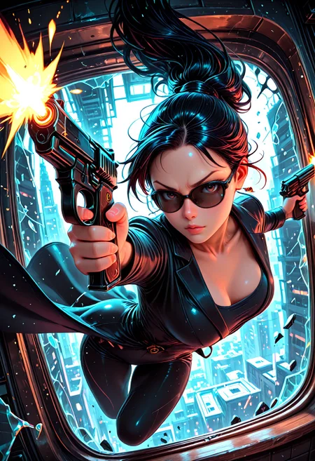Smooth Quality, pinkneoncybercore, (chromatic aberration:1.2), (impressionism:1.1), dynamic composition, high contrast, 1girl, suit, black sunglasses, long coat, breasts, solo, dual wielding, guns, firing, aiming at viewer, midair, gymnastics, dynamic pose, face focus, looking at viewer, v-shaped eyebrows, fighting stance, motion lines, (soft lighting:1.1), falling, indoors, glass, broken glass, floating glass shards,jumping through window, dramatric entry, cinematic angle, dynamic angle, <lora:PinkieNeonCybercoreIL:0.5> <lora:Smooth_Booster:0.5> <lora:Smooth_Lighting_Enhancer:0.2> <lora:All_Disney_Princess_-_Illustrious:0.2>βββ