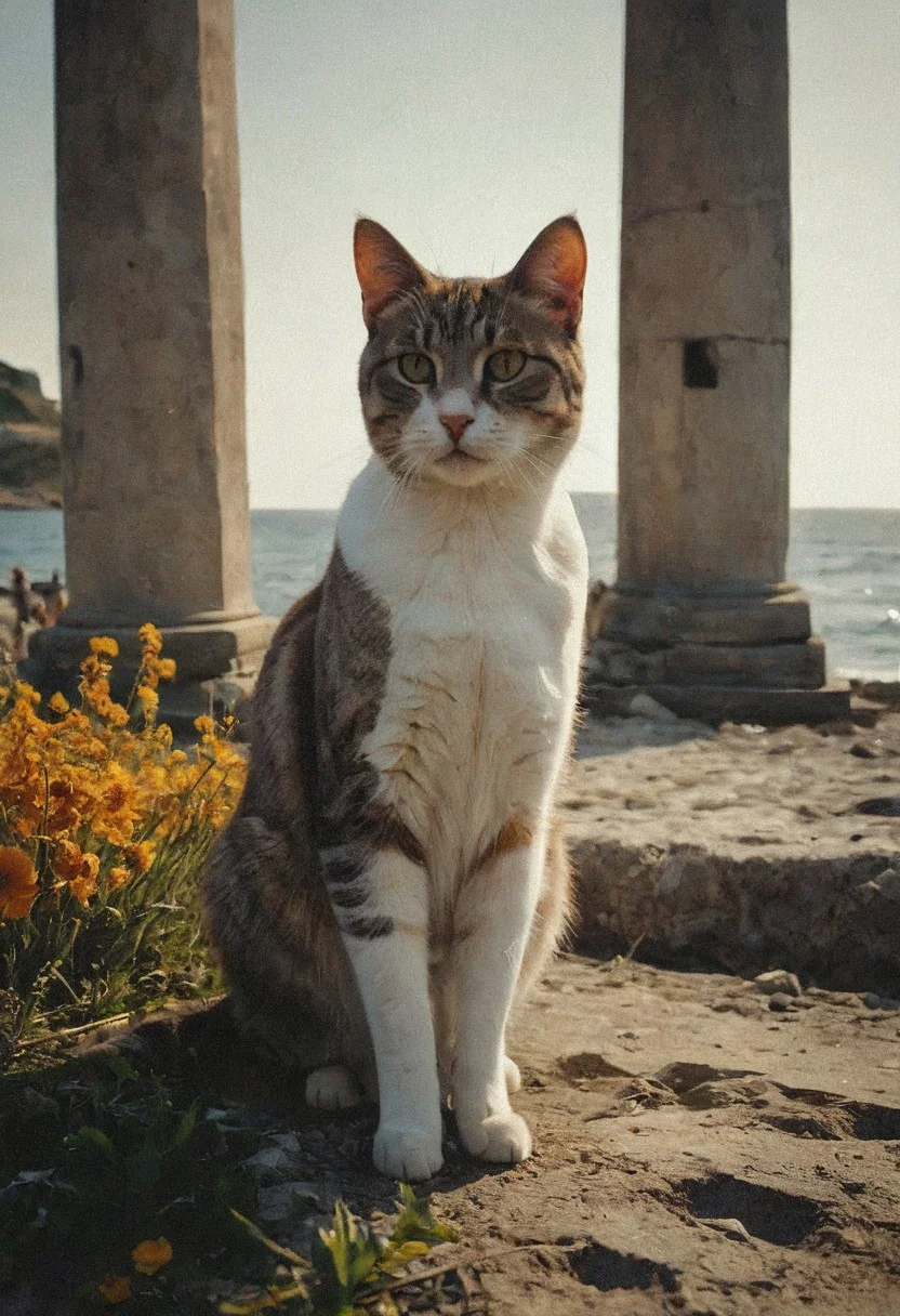 (Soft Lighting Photography by Mimoza Veliu and Mario Giacomelli:1.2), award-winning photography, photo of a cat besides a destroyed badly damaged Colossus of Rhodes in a beautiful beach, Cats running around:1.5, (broken status, spare parts scattered nearby.) Grass and flowers grow around it. Sunny summer day. ocean. Calm and beautiful. Detailed art, many details, cute, adorable, fairytale, storybook detailed illustration, cinematic, ultra highly detailed, beautiful details, vibrant colors, complex background, fine art, best quality, hyper detailed, professional poster art, bold lines, award winning, trending on ArtStation , (intricate details, masterpiece, best quality:1.4), aesthetic and beauty, astounding details, high depth of field, f/4, framing, breakthrough, collodion process, soft particles, ageless atmosphere, (maroon and marigold colors:0.1),dark, chiaroscuro, low-key, <lora:TWbabeXL01:0.4>