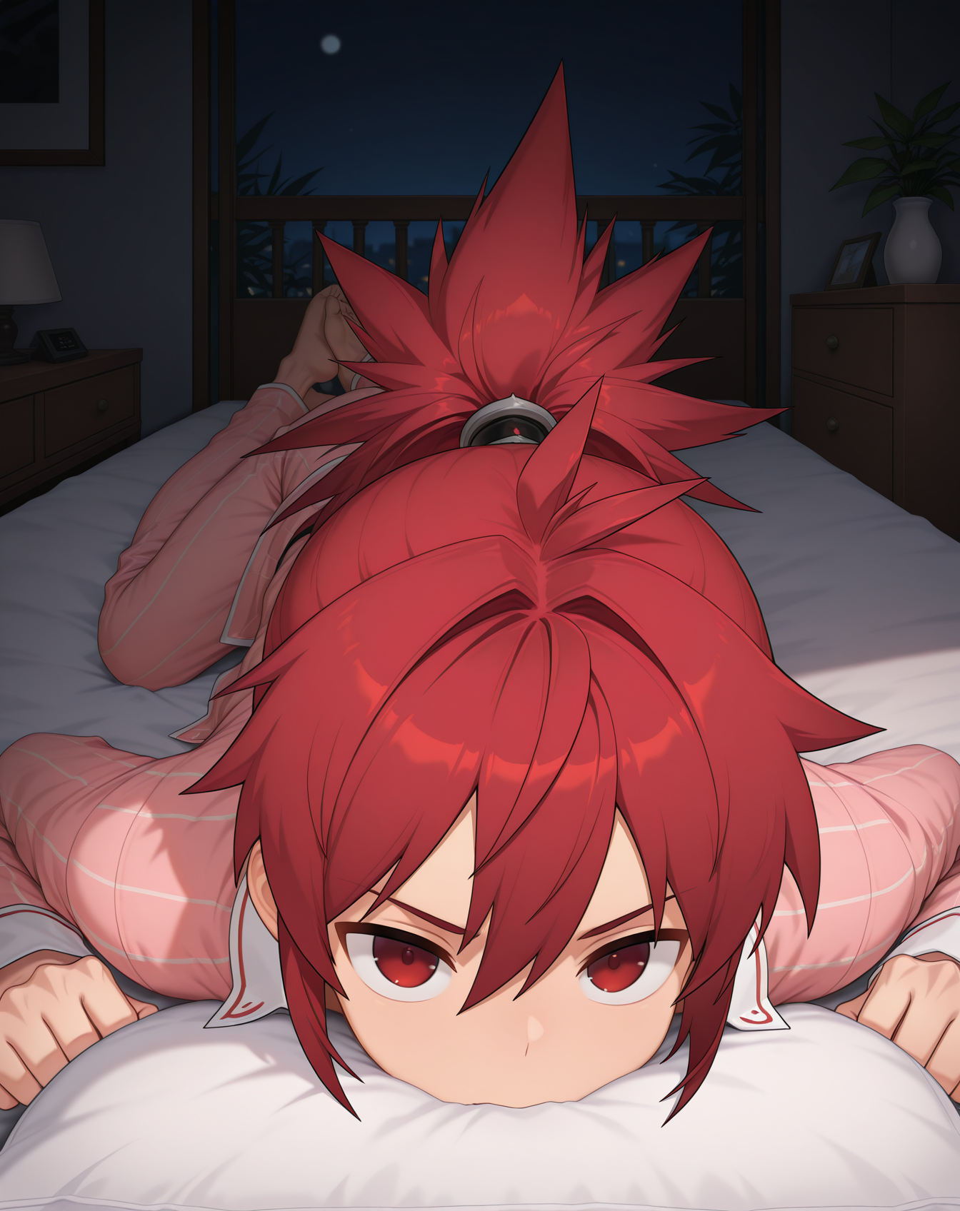 masterpiece,best quality,amazing quality, newest, very aesthetic, absurdres,
1boy, solo, yaoi, male focus, looking at viewer, full body, face focus, lying, on bed,
 <lora:Elsword_Sheath_Knight_ilxl:1>   elswordsk, red hair, red eyes, spiked hair, long hair, ponytail,
pajamas, open clothes,
indoors, night, dark room, bedroom,