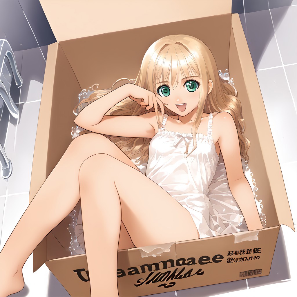 <lora:pony_xl_hortensia:0.9>,hortensia,score_9,score_8_up,score_7_up,source_anime,best quality,detailed_draw,masterpiece,visual_novel,8k,1girl,slim_girl,young_girl,solo,very_long_hair,happy,white_sundress,long_skirt,barefoot,defined_fingers,defined_toes,toenails,looking_aside,bathroom,grey_floor,glass,good_hands, insidebox, in box, in container, cardboard box