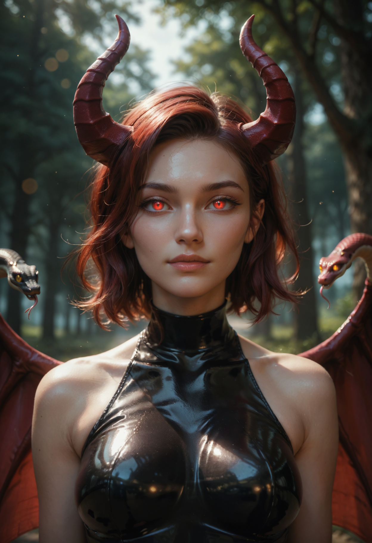 score_9, score_8_up, score_7_up, score_6_up, source_anime, masterpiece, newest, realistic
masterpiece, best quality, illustration, beautiful detailed shiny eyes, beautifully detailed skin, Depth of field, bloom, bokeh,highres, absurdres, ultradetailed,,kawaii-colors, higly detailed eyes, shiny, shiny skin, bright eyes, snakes
1girl, medium breasts, demon girl, demon horns, upper body, black dress, latex bodysuit, red eyes, head tilt, alluring, raised eyebrow, demon wings, black sclera,