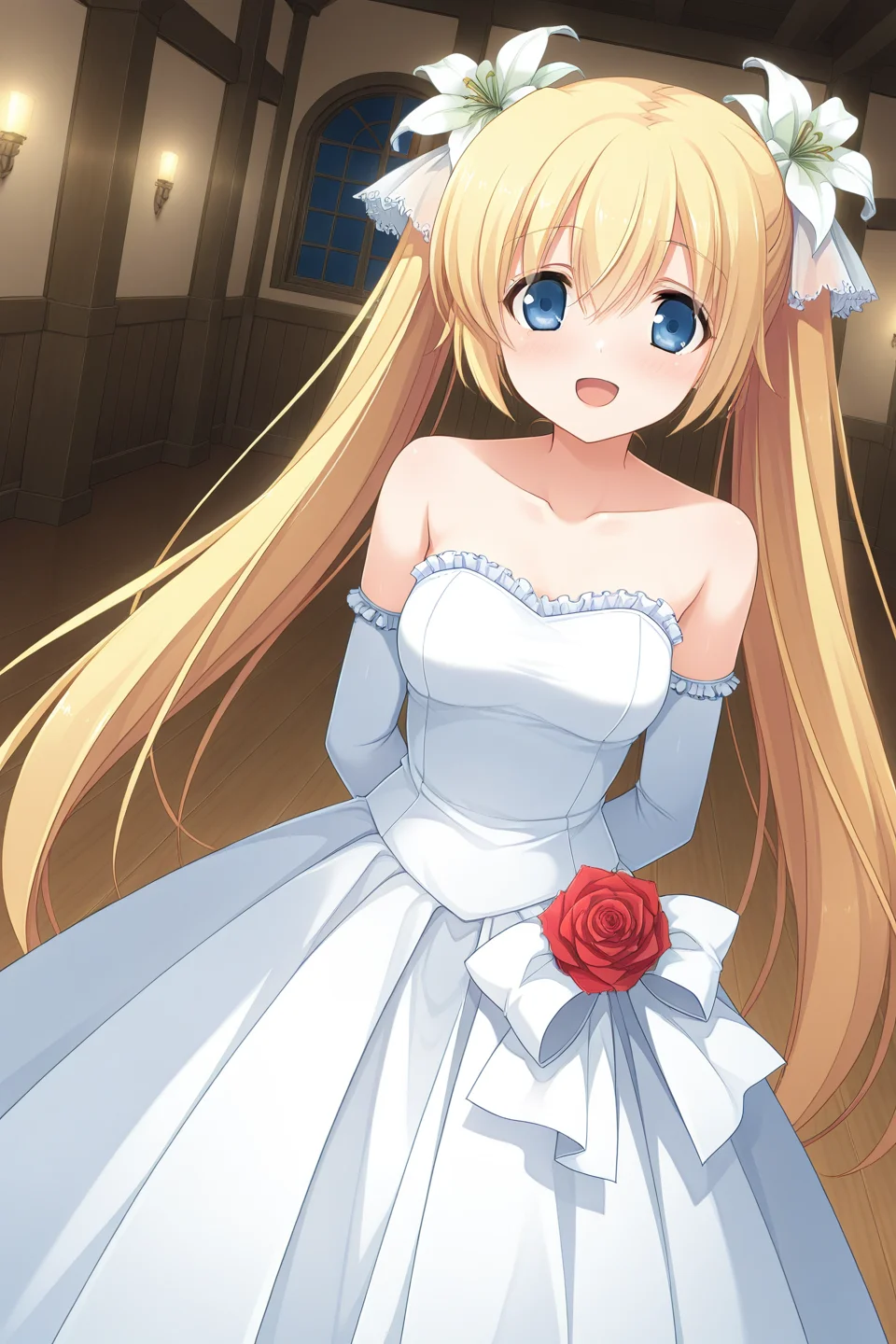 masterpiece, best quality, absurdres, official art, official style, rating general BREAK <lora:asasakameguri_IL_v1-4:0.7>, asasaka meguri, 1girl, solo, blue eyes, blonde hair, twintails, hair between eyes, very long hair, hair ribbon, small breasts,
white ribbon, hair lily, white lily, wedding dress, white dress, strapless dress, frilled dress, long dress, collarbone, bare shoulders, white gloves, elbow gloves, frilled gloves, white bow, waist red rose, arms behind back, blush, :d, open mouth, looking at viewer, floating hair, standing, cowboy shot, dutch angle, indoors, wooden floor
