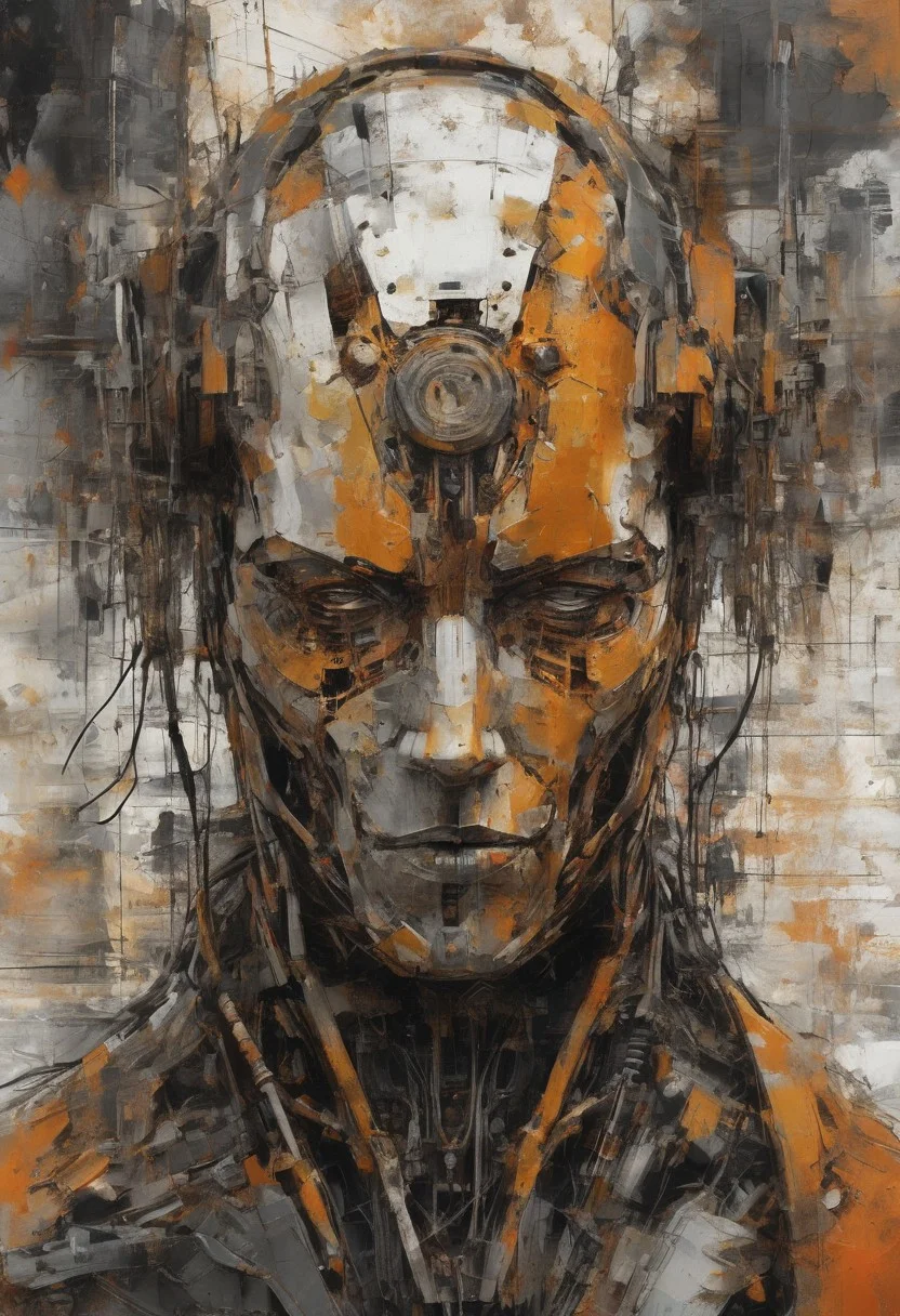 Grunge style african cyborg robot, rust and scratches, heavy patina, half of its face is obscured by damaged circuitry and exposed wiring hinting, despite its apparent malfunction the robot stands tall and proud testament to survival against all odds, atmospheric perspective, harsh light, style of Guweiz and Stephan Martiniere,, rating_safe, <lora:YossiKotlerXLStyle:0.4> yktlr, painting, orange, black, white, large,
<lora:sdxl_lightning_8step_lora:1.0> . Textured, distressed, vintage, edgy, punk rock vibe, dirty, noisy