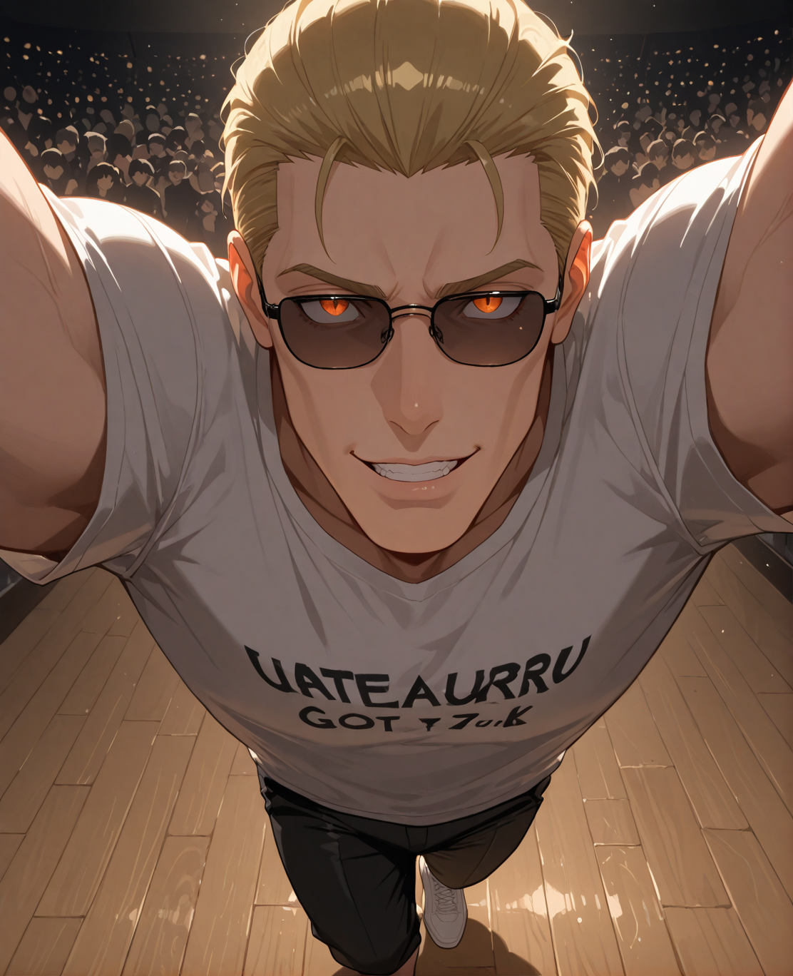 PonyScores7, source_anime, ah, 1IllustriousQual, interesting, exciting, spectacular, wonderful,
BREAK (cover page),
BREAK <lora:albertwesker-guy-PONYv1:0.8>, albertwesker, 1boy, toned, athletic, fit, mature male,  angular face, sharp_featured face, handsome, charming, alluring, <lora:shinyskin2:0.2>, glistening skin, AS-MidAged,
BREAK slicked back hair, short hair, blonde, <lora:hairdetailpxl:0.2>, hairdetailpxl, 
BREAK slit pupils, orange eyes, <lora:expressive eyes:0.2>, expressive eyes, <lora:eyedetailpxl:0.2>, eyedetailpxl, <lora:Eyes_High_Definition:0.2>, EyesHD,
BREAK (steps forward confidently, one foot flat and the other leg raised, arms extended outward),
BREAK (a spacious dance tournament arena with a polished wooden floor, surrounded by cheering spectators),
BREAK kind_smile, <lora:Expressive_H:0.2>, Expressiveh, looking at viewer, <lora:Emotional_Anime_Expressions_PonyXL_Concept:0.2>, emotional, <lora:Best_Facial_Expression_LoRA_PONY:0.2>, <lora:Detailed expressive EXEV style -XL Pony V1.0:0.2>, FaceDetail,
BREAK (thobe (middle east)), (sunglasses:1.3), 
BREAK <lora:xl_more_art-full_v1:0.2>, <lora:aesthetic_anime_v1s:0.2>, <lora:EpicF4nta5yXL:0.2>, <lora:detailxl:0.2>, detailxl, <lora:Fant5yP0ny:0.2>, best quality, amazing quality, best aesthetic, absurdres, illustration, Volumetric_Lighting, ultra-detailed, very aesthetic, intricate details, 8k, masterpiece, best_quality,
BREAK Stable_Yogis_PDXL_Positives, AS-Adult, <lora:Complicated fantasy portrait - XL Pony V2.0:0.2>, bad-hands-5, <lora:HDA_Detailer:0.3>,