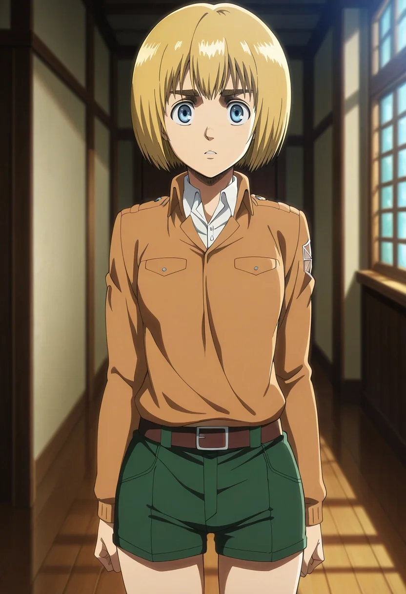 masterpiece, best quality, , anime screencap, anime coloring, official style, looking at viewer, depth of field, 1boy, solo, male focus, <lora:armin_arlert_ilxl:0.98>, armin_arlert, blonde hair, blue eyes, short hair, bob cut, bangs, paradis military uniform, , Shorts, Polo sweater, , , Arm warmers and