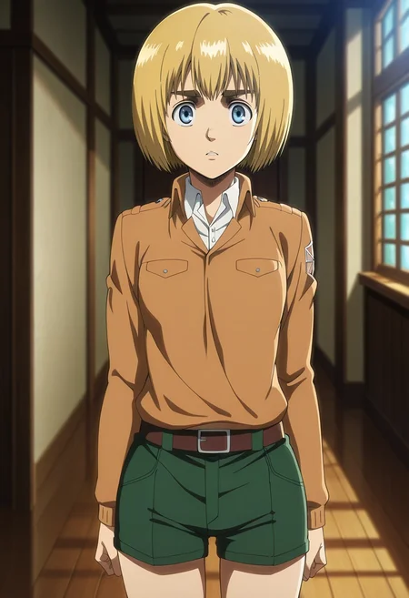 masterpiece, best quality, , anime screencap, anime coloring, official style, looking at viewer, depth of field, 1boy, solo, male focus, <lora:armin_arlert_ilxl:0.98>, armin_arlert, blonde hair, blue eyes, short hair, bob cut, bangs, paradis military uniform, , Shorts, Polo sweater, , , Arm warmers and