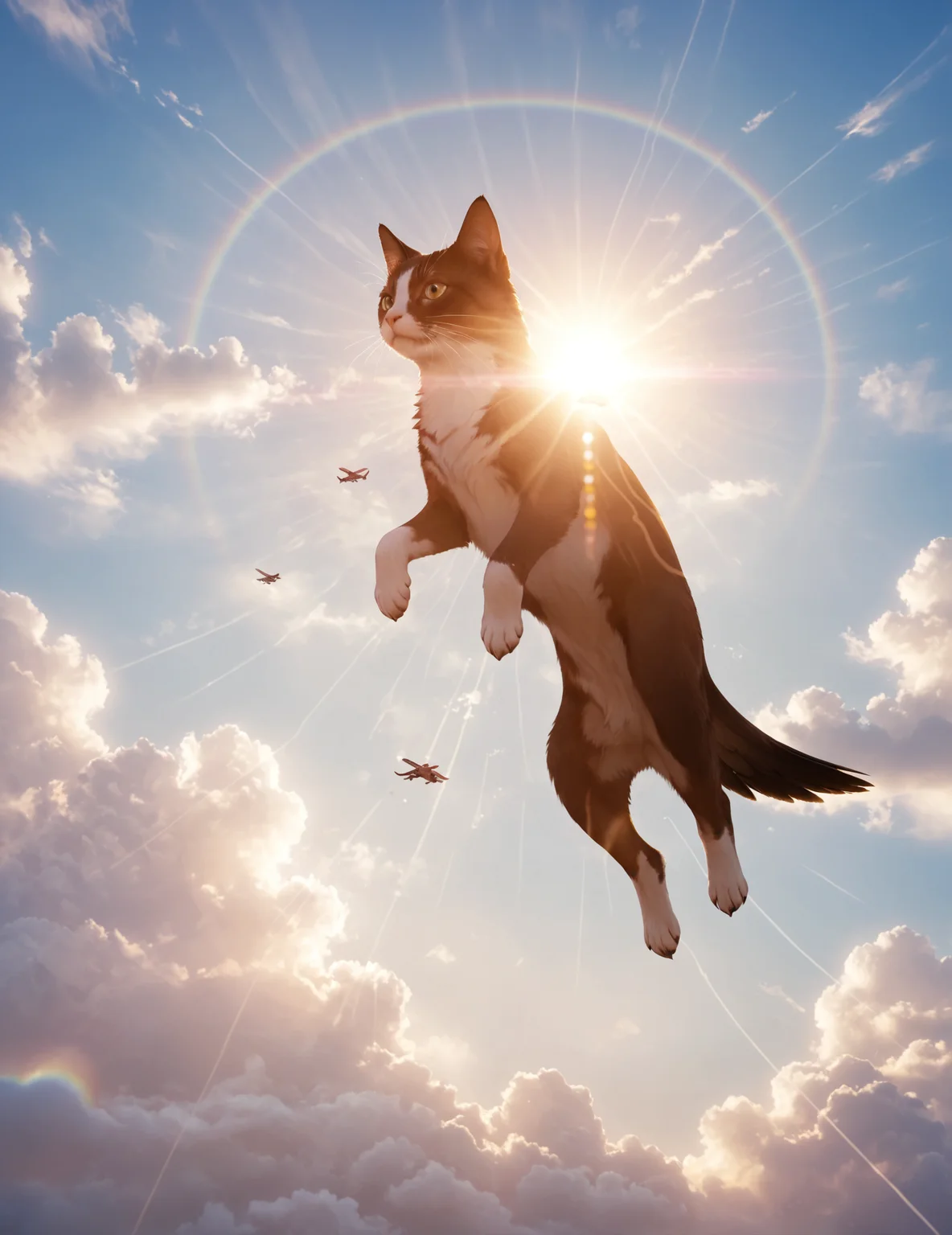 cloud art, cute animals made from clouds, fluffy kittens, cloud fur, playful puppies, soft lighting, pastel colors, whimsical, dreamy sky, detailed, high contrast, hyper-realistic, serene atmosphere, imaginative, gentle, warm sunlight, high-definition
motion lines, air diving, BREAK
an eagle
<lora:polyhedron_lense_flares-000005:1> lense flare, lense flares, anamorphic lense flares, rainbow flares