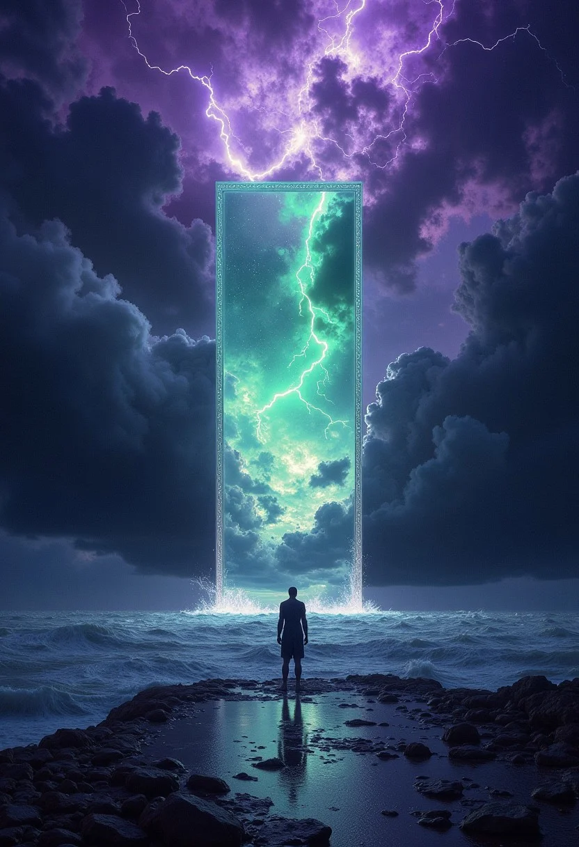 ancientstyle, A vast, stormy ocean stretches endlessly under a dark, tumultuous sky. At its center, a colossal mirror rises, its reflective surface extending infinitely into the horizon. Lightning splits the sky, briefly illuminating the swirling clouds in vivid, otherworldly hues of deep purples, greens, and electric blues. Yet the mirror does not reflect the figure standing before it, but an entirely different, apocalyptic world—a shattered landscape of fire and ruin. The stars, scattered like silver dust across the stormy heavens, seem brighter than usual, casting an ethereal light across both the sea and the reflected chaos. Amidst this collision of worlds, the solitary figure stands silently, silhouetted against the lightning-lit sky. The clash of the stormy sea, the alien colors, and the apocalyptic vision in the mirror creates a scene both majestic and unsettling, where natural forces meet the supernatural in a sublime display. (purple sky colors: 2.5) (ethereal glow: 2.3)