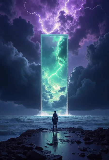 ancientstyle, A vast, stormy ocean stretches endlessly under a dark, tumultuous sky. At its center, a colossal mirror rises, its reflective surface extending infinitely into the horizon. Lightning splits the sky, briefly illuminating the swirling clouds in vivid, otherworldly hues of deep purples, greens, and electric blues. Yet the mirror does not reflect the figure standing before it, but an entirely different, apocalyptic world—a shattered landscape of fire and ruin. The stars, scattered like silver dust across the stormy heavens, seem brighter than usual, casting an ethereal light across both the sea and the reflected chaos. Amidst this collision of worlds, the solitary figure stands silently, silhouetted against the lightning-lit sky. The clash of the stormy sea, the alien colors, and the apocalyptic vision in the mirror creates a scene both majestic and unsettling, where natural forces meet the supernatural in a sublime display. (purple sky colors: 2.5) (ethereal glow: 2.3)