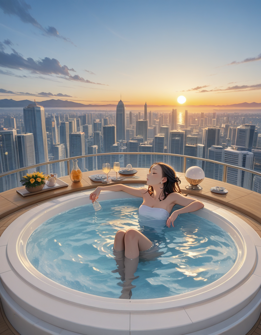 score_7_up, anime BREAK official art, solo, 1girl, one girl, 
BREAK <lora:Luxury_yacht-000008:0.9>, Luxury yacht, 
hottub, bathtub, drink, champagne glasses, holding glasses,
city, city scape, skyscraper rooftop, flower, sunset, light up, outdoors, 
(masterpiece:1.3), best quality, high resolution, unity 8k wallpaper, extremely detailed CG, 8K, (watercolor \(medium\), muted color, sketch:1.1), perfect anatomy, highly finished, masterpiece, best quality, high quality, amazing quality, great quality, very aesthetic, ultra detailed, highres, absurdres, highly detailed, highly detailed background,