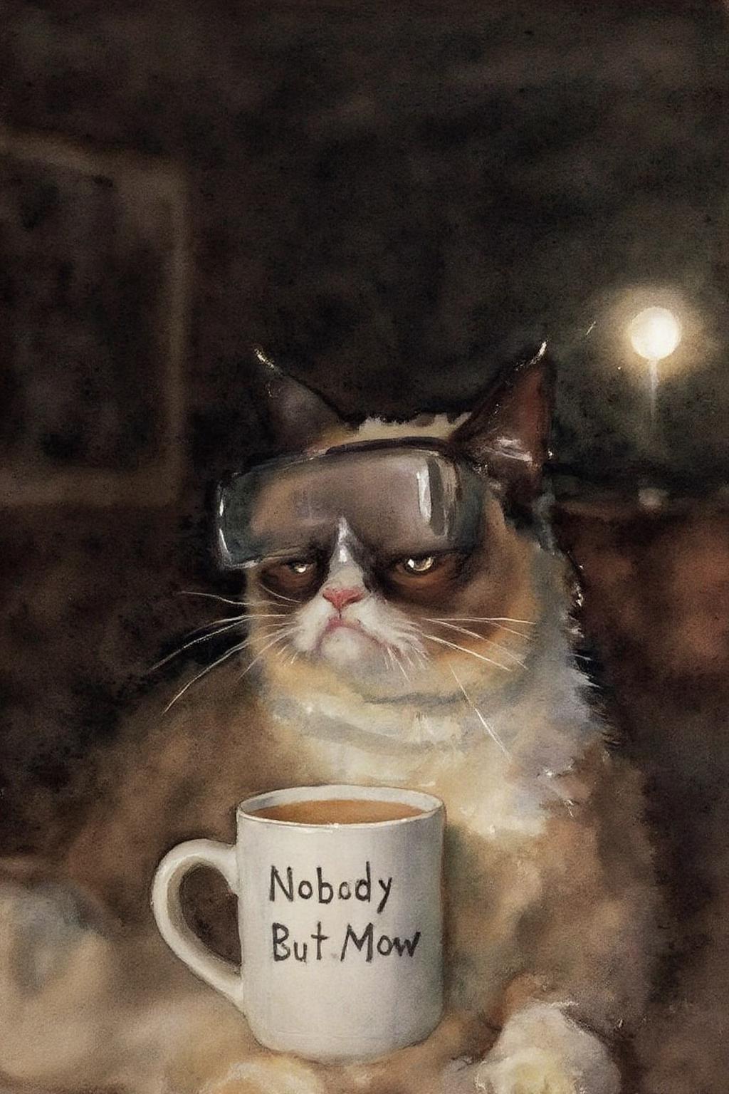 johnsingersargent3 painting. 
Grumpy Cat holding a coffee mug, wearing a VR Headset in a dimly lit room, illuminated by a single light source. The mug has the phrase "NobodyButMeow" printed.  <lora:johnsingersargent3_cap_d8a4e12:1.0><lora:859969041962421930:0>