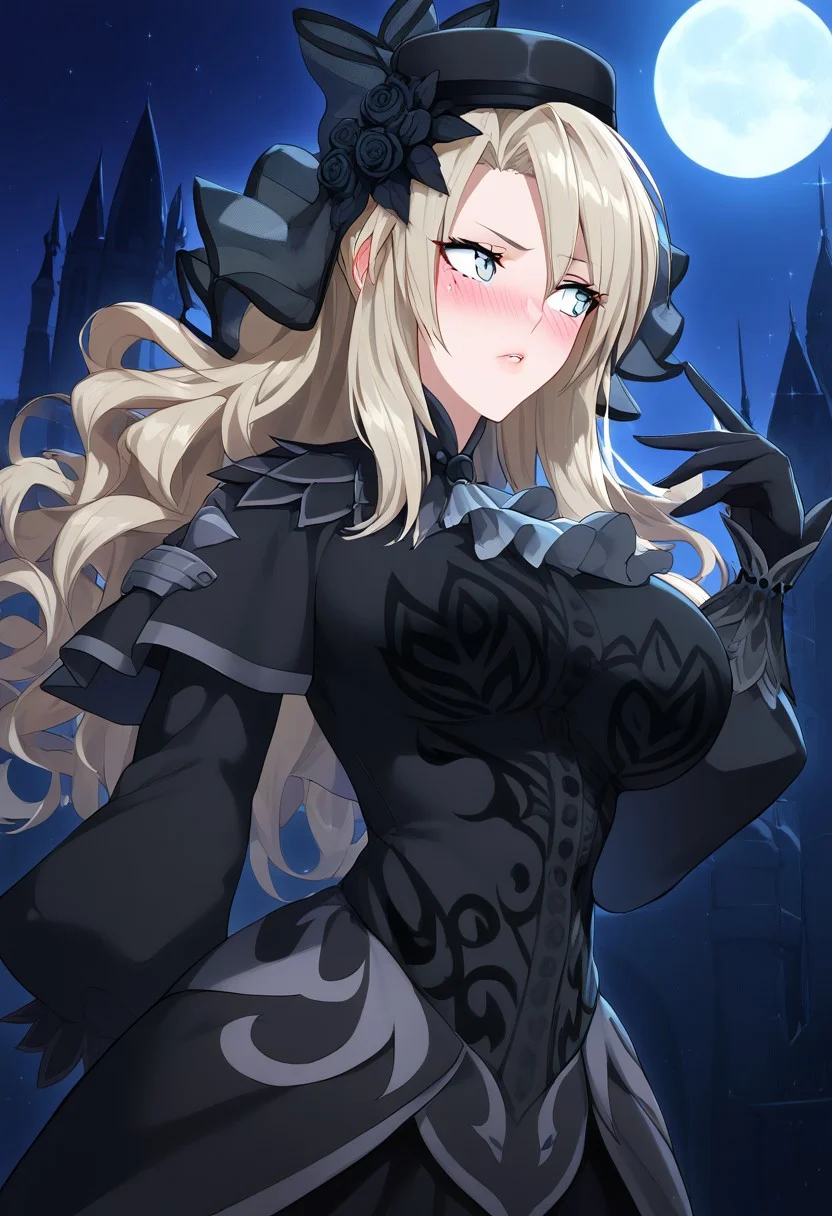 (score_9, score_8_up, score_7_up, high quality, best quality, ultra-detailed, very aesthetic, illustration, perfect composition, intricate details, absurdres, high res image, masterpiece, vibrant colors, beautiful face, detailed face, 1girl, solo focus, perfect eyes, detailed eyes, perfect hands), female, grey eyes, grey hair, long hair, curly hair, mole under eye, makeup, pale skin, full lips, large thighs, perfect body, fit body, voluptuous, large breasts, curvy body, narrow-waisted, wide hips, (ascot, black capelet, black dress, black flower, black gloves, black headwear, black rose, capelet, dress, flower, gloves, hat, long sleeves, rose, veil), (blush, looking away), (fantasy, outdoors, castle, night, night sky, moon)
