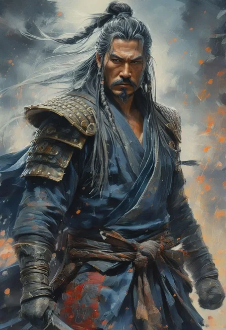 digital painting, 32k, 8K, high-resolution, 1man, mature Japanese man, samurai warrior, heavy armor, ((very intricate)), blue and white kimono with beautiful patern, shaded eyes that gaze, loose hair, belt, ((long braided hair)), blood stains, ((hood)), torn cape, muscular body, surrounded by skulls, muscular legs, walking towards viewer, dirty face, scar, flying ash, katanas, lines<lora:oneimage5:8:8:lbw=SDXL_OUTALL> indescribable,mysterious smoky fields on fire at the beginning of reality, dynamic pose.
