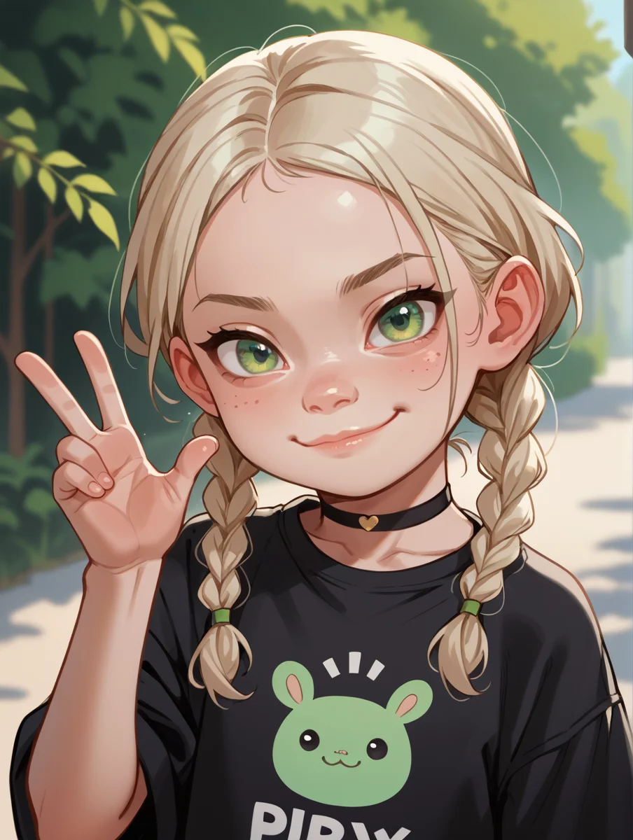 score_9,score_8_up,score_7_up,score_6_up,score_5_up,score_4_up,
<lora:LilAndavaLyCo:1> rating_safe,
1girl, solo, young, child, flat chest, green eyes, braided twintails, smug face, black shirt, black choker, winking, waving, v,
 <lora:1StS_age_slider_v1_initial_release:-2>