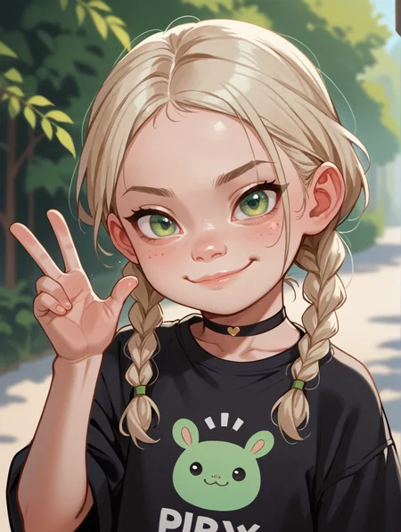 score_9,score_8_up,score_7_up,score_6_up,score_5_up,score_4_up,
<lora:LilAndavaLyCo:1> rating_safe,
1girl, solo, young, child, flat chest, green eyes, braided twintails, smug face, black shirt, black choker, winking, waving, v,
<lora:1StS_age_slider_v1_initial_release:-2>