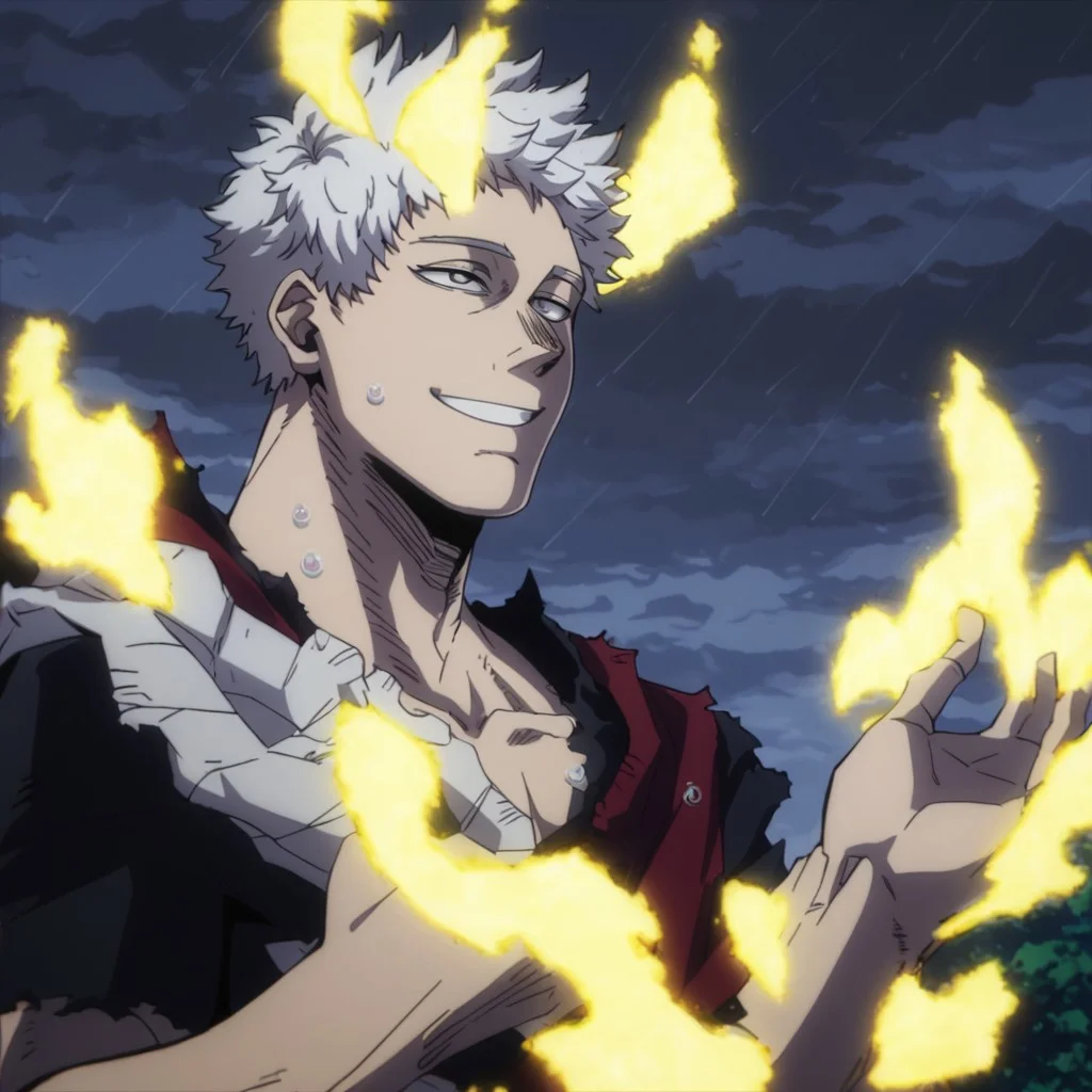 solo, torn clothes, anime, male, short white hair, floating, raining, dark clouds, wet, barefoot, pectorals, grey eyes, yellow glow, yellow aura, yellow fire on body, smile, smoothanime, easynegative, ng_deepnegative_v1_75t, score_9, score_8_up, score_7_up, score_6_up, score_5_up, score_4_up, source_anime,
