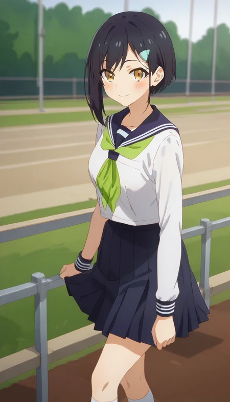 score_9,score_8_up,score_7_up,score_6_up BREAK official art,solo,outdoors,cowboy shot,looking at viewer,facing viewer,smile,blush,Tsubameya Chiharu,black hair,short hair,bob cut,hairclip,bangs,yellow eyes,school uniform,blue sailor collar,green neckerchief,white shirt,long sleeves,medium breasts,blue skirt,pleated skirt,white socks,loafers,brown footwear,<lora:Tsubameya Chiharu(snk)-Pony:1.5>,