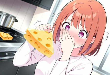 masterpiece, best quality, perfect quality, amazing quality, highly detailed, (detailed face:1.2), (detailed eyes:1.2),badodor, holding smelly cheese, yellow cheese, bad smell, 1girl, solo, flying sweatdrops, upper body, brown hair, blush, shirt, long sleeves, short hair, covering nose , pinching nose , looking sideways, kitchen, pov shot .