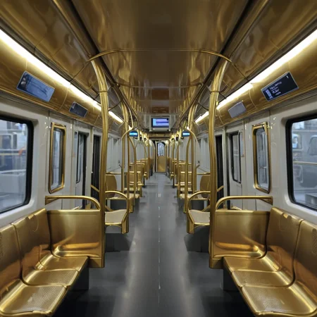 inside a golden metro train <lora:Metro:1>