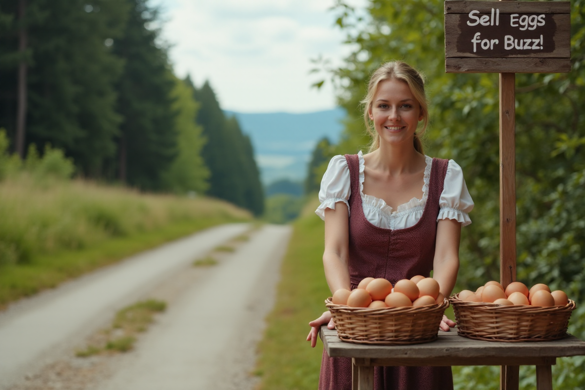 Landscape photography shot with a Gopro Hero
In closeup A beautiful austrian woman in her thirties is standing behind a stand, in front of her is a basket with brown eggs, she is wearing a dirndl, She is is standing in nature along a unpaved road.
A sign on the stands say: "Sell Eggs for Buzz!"