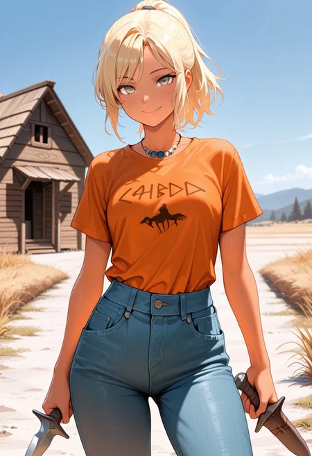 masterpiece, best quality, amazing quality, grey eyes, beaded necklace, ponytail, blonde hair, tan, short sleeves, denim, orange shirt, 1girl, outdoors, looking at viewer, closed mouth, smile, holding dagger, cowboy shot, cabins, solo, blue sky,